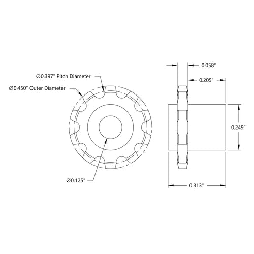 ServoCity 10 Zahn Press Fit Kettenrad (0,1227 ServoCity 10 Tooth Press Fit Sprocket (0.1227" Pitch, 0.125" Bore)