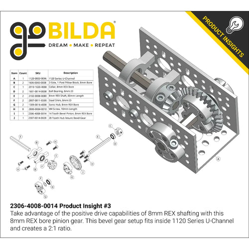 ServoCity Serie 2306, MOD 1.5, Engranaje Cónico de Piñón de Sujeción (Agujero REX™ de 8mm, 14 Dientes) ServoCity 2306 Series, MOD 1.5, Clamping Pinion Bevel Gear (8mm REX™ Bore, 14 Tooth)