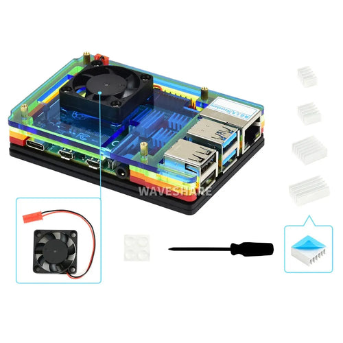 Waveshare Buntes Regenbogen Acryl Gehäuse für Raspberry Pi 4 mit Kühlventilator Waveshare Colorful Rainbow Acrylic Case for Raspberry Pi 4 w/ Cooling Fan