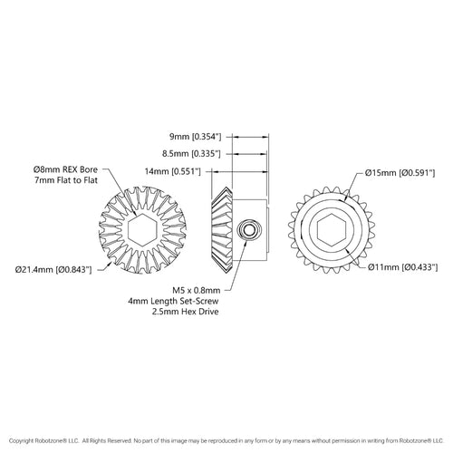 2317 Series MOD 0.8 Steel Miter Gear (Set-Screw, 8mm REX™ Bore, 24 Tooth)
