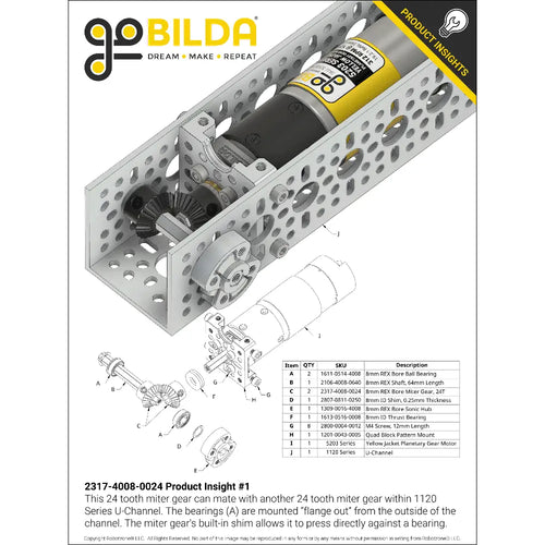 2317 Series MOD 0.8 Steel Miter Gear (Set-Screw, 8mm REX™ Bore, 24 Tooth)