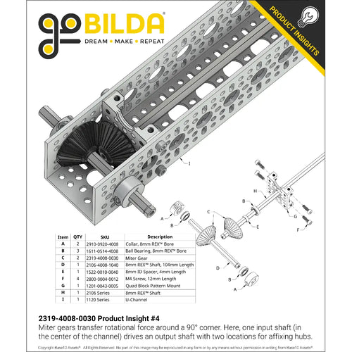 2319 Series MOD 1.25 Steel Miter Gear (8mm REX™ Bore, 30 Tooth)