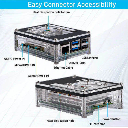 52Pi Acrylic Case 9-Layers Case for Raspberry Pi 5 w/ Fan, Heatsink (Clear)