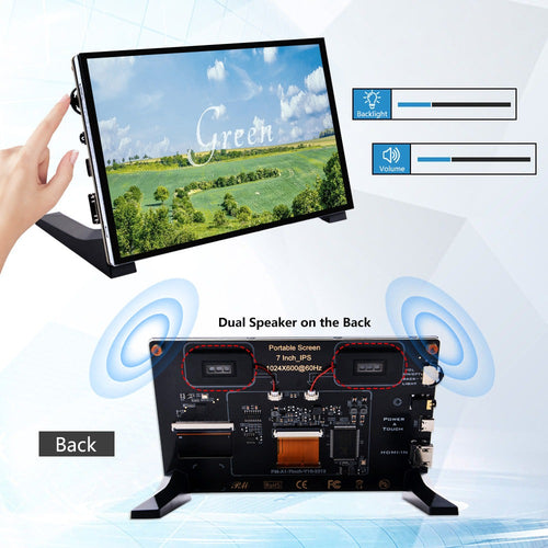 52Pi 7-inch IPS Touch Screen 1024x600 w/ Speakers for Raspberry Pi, Windows PC