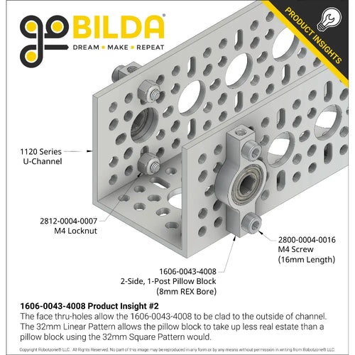 8mm REX™ Bore 2-Side, 1-Post Pillow Block (43mm Width)