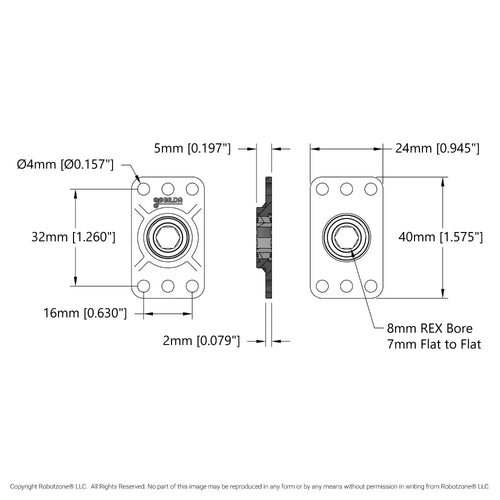 8mm REX™ Bore Flat Pillow Block (16mm x 32mm Mounting Pattern) - 2 Pack