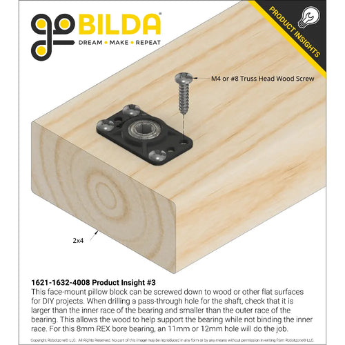 8mm REX™ Bore Flat Pillow Block (16mm x 32mm Mounting Pattern) - 2 Pack
