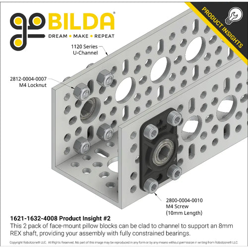 8mm REX™ Bore Flat Pillow Block (16mm x 32mm Mounting Pattern) - 2 Pack