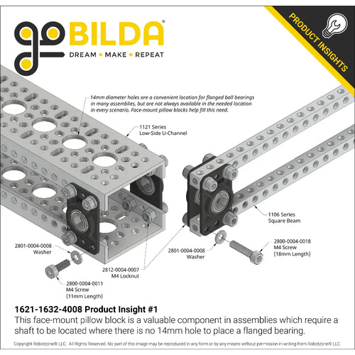 8mm REX™ Bore Flat Pillow Block (16mm x 32mm Mounting Pattern) - 2 Pack