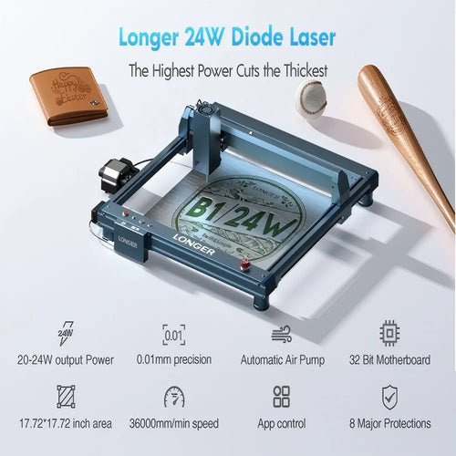 LONGER Laser B1 20W Laser Engraver Cutter, 4-core Laser Head, 22-24W Output Power, 450 x 440mm Engraving Area