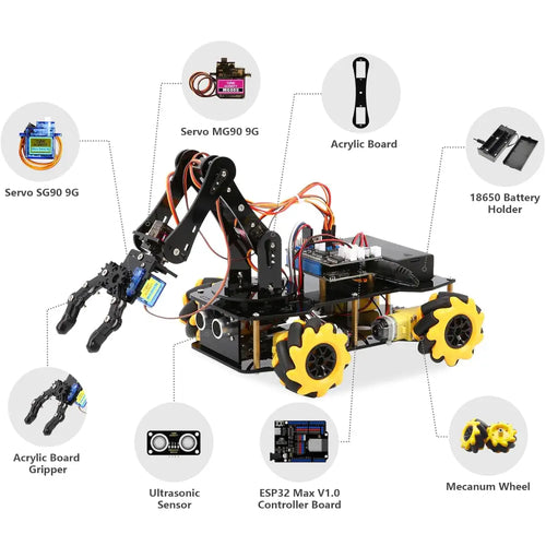 ACEBOTT 5DOF Smart Robot Arm Car Kit, Compatible w/ Arduino/Python/Blockly