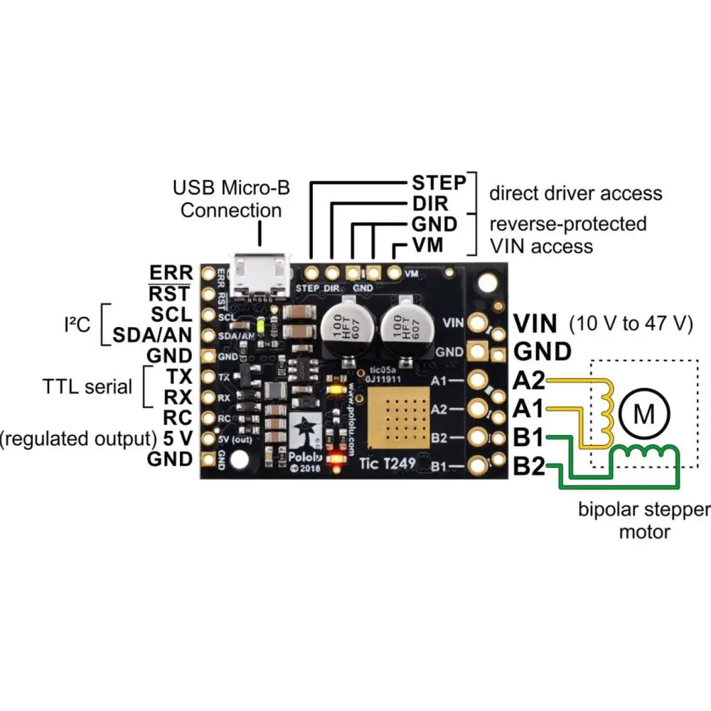 Tic T249 USB Multi-Interface Stepper Motor Controller (Soldered)