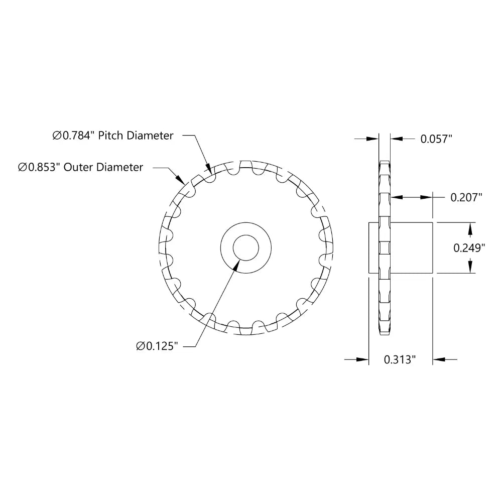 ServoCity 20 Tooth Press Fit Sprocket (0.1227" Pitch, 0.125" Bore)