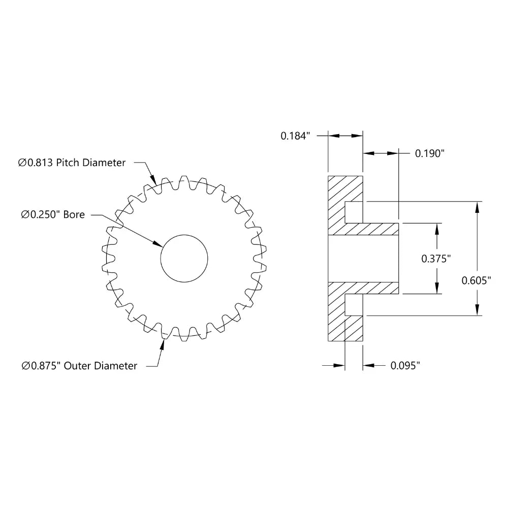 ServoCity 32P, 26T, 0.250" (1/4) Bore, Plain Bore Gear (Delrin)
