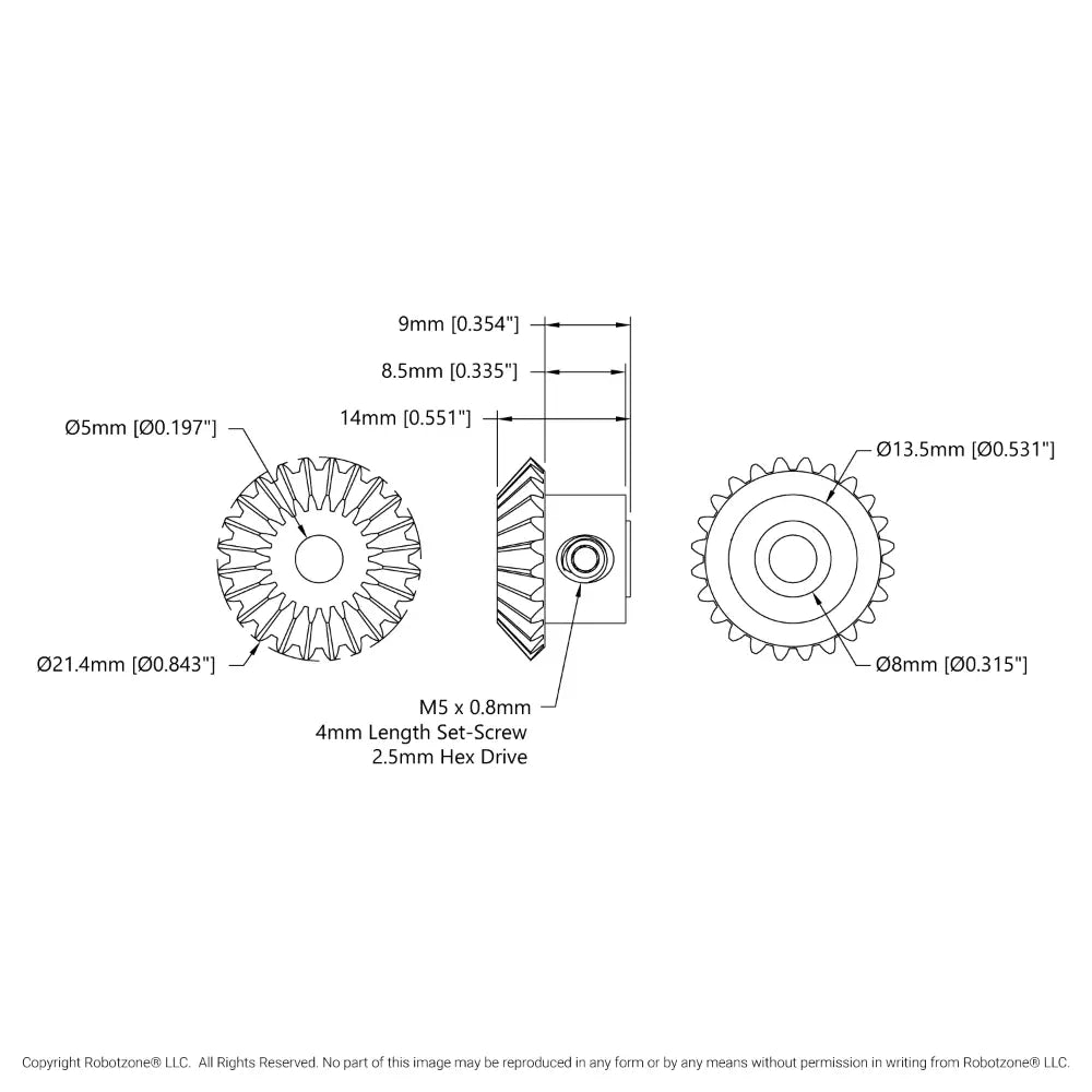 ServoCity 2317 Series MOD 0.8 Miter Gear (Set-Screw, 5mm Round Bore, 24 Tooth)