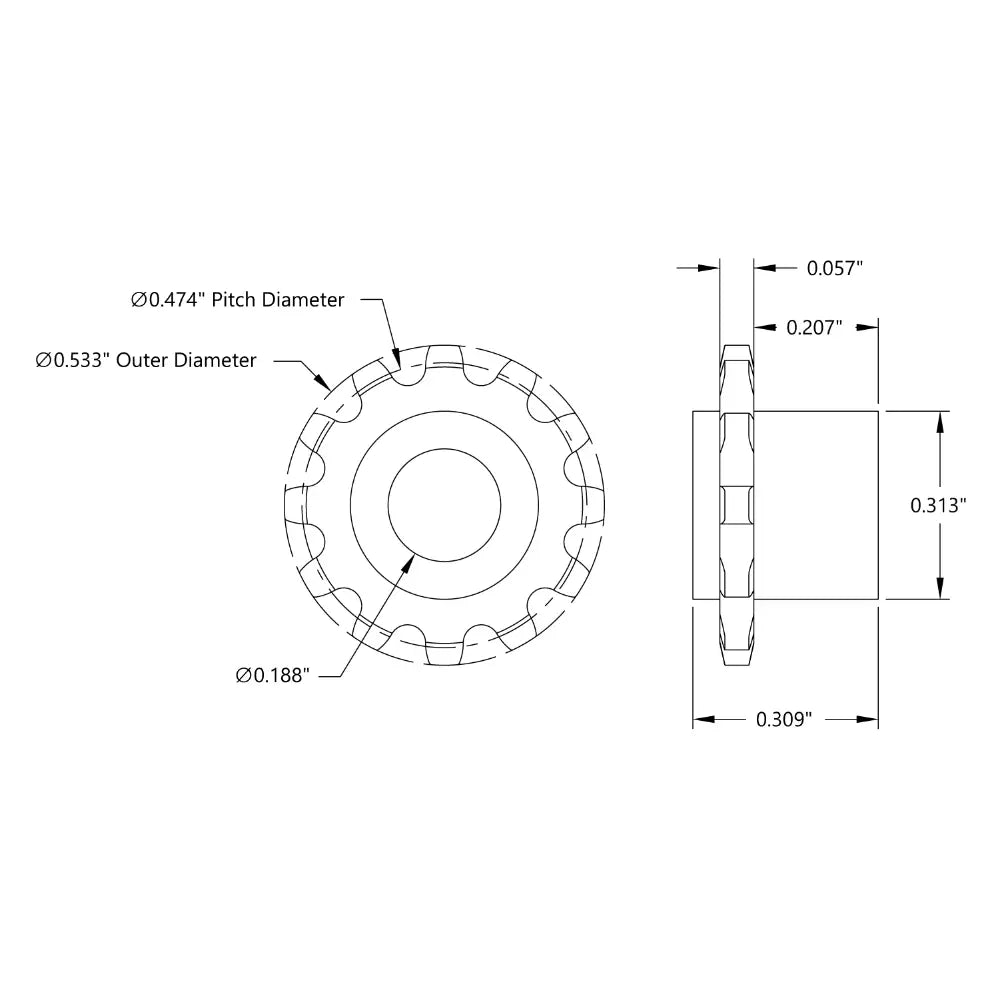 ServoCity 12 Tooth Press Fit Sprocket (0.1227" Pitch, 0.1875" Bore)
