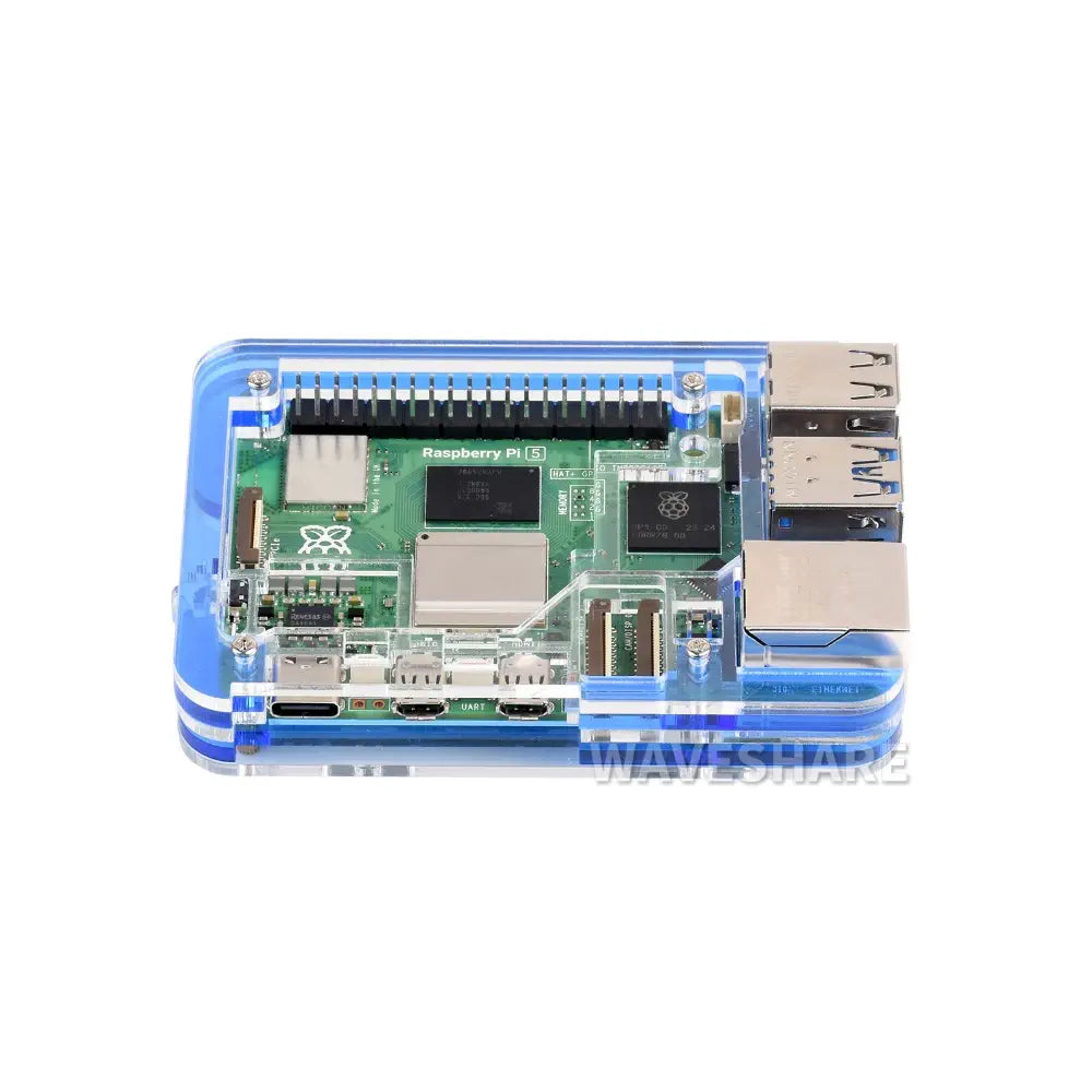Waveshare Transparent & Blue Acrylic Case for Raspberry Pi 5, Supports Installing Official Active Cooler