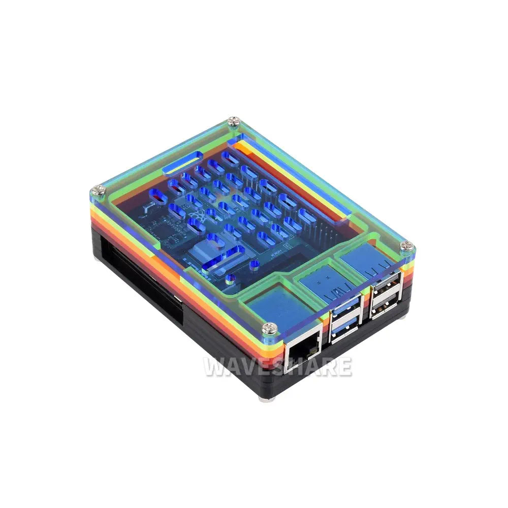 Waveshare Rainbow Acrylic Case for Raspberry Pi 5, Colorful Translucent Acrylic Case, Supports Installing Official Active Cooler