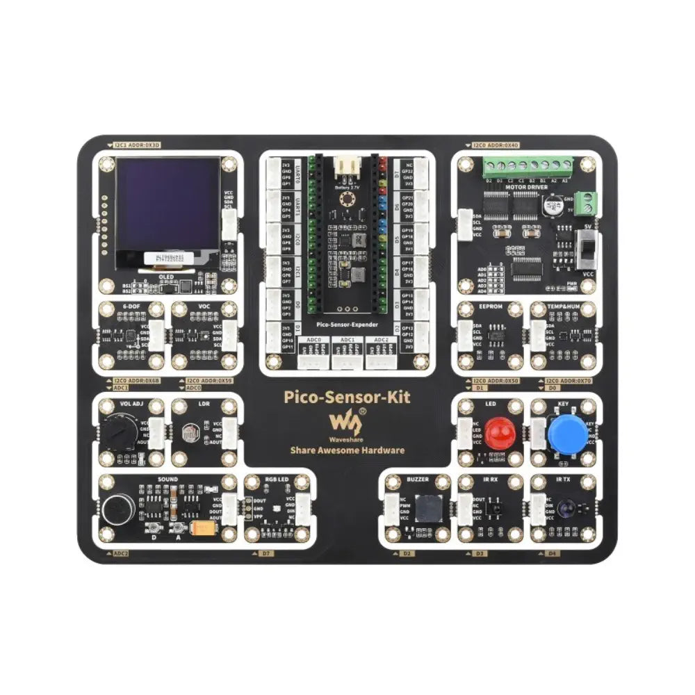 Waveshare Raspberry Pi Pico Entry-Level Sensor Kit, w/ Pico Expansion Board & 15 Common Modules, All-In-1 Design