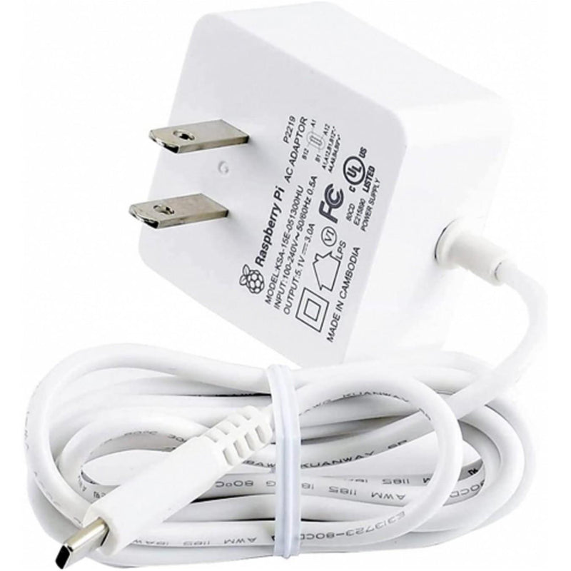 Raspberry Pi 4 Power Supply USB-C 5.1V 3A (White, UL Listed)