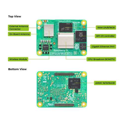 Raspberry Pi Compute Module 5 - 4GB RAM, 32GB EMMC, 2.4/5.0GHz Wi-Fi & Bluetooth 5.0 (CM5104032)
