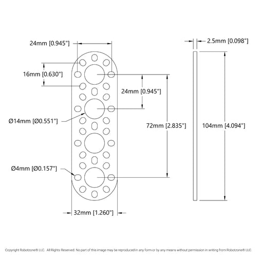 ServoCity 1105 Series Round-End Pattern Plate (4 Hole, 104mm Length)