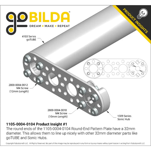ServoCity 1105 Series Round-End Pattern Plate (4 Hole, 104mm Length)