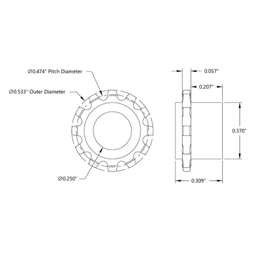 ServoCity 12 Tooth Press Fit Sprocket (0.1227" Pitch, 0.250" Bore)