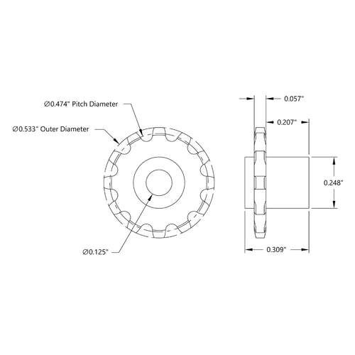 ServoCity 12 Tooth Press Fit Sprocket (0.1227" Pitch, 0.125" Bore)