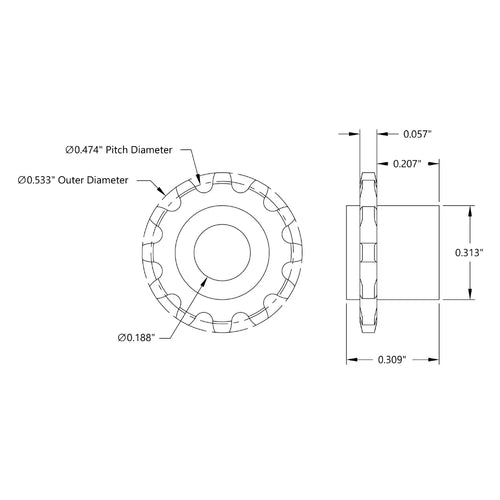 ServoCity 12 Tooth Press Fit Sprocket (0.1227" Pitch, 0.1875" Bore)