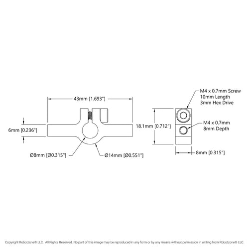 ServoCity 1402 Series 2-Side, 1-Post Clamping Mount (43mm Width, 8mm Bore)