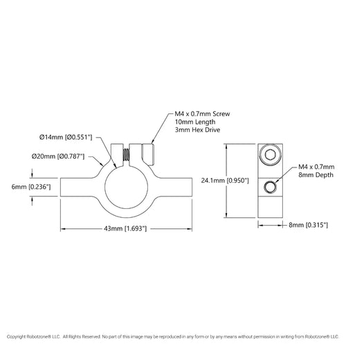 ServoCity 1402 Series 2-Side, 1-Post Clamping Mount (43mm Width, 14mm Bore)