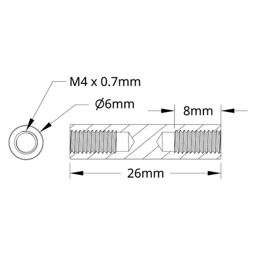 ServoCity 1501 Series M4 x 0.7mm Standoff (6mm OD, 26mm Length) - 4 Pack