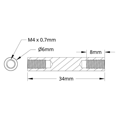 ServoCity 1501 Series M4 x 0.7mm Standoff (6mm OD, 34mm Length) - 4 Pack