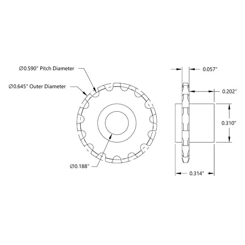 ServoCity 15 Tooth Press Fit Sprocket (0.1227" Pitch, 0.1875" Bore)