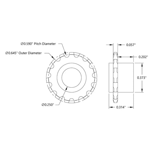 ServoCity 15 Tooth Press Fit Sprocket (0.1227" Pitch, 0.250" Bore)
