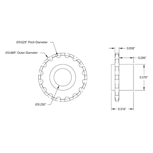 ServoCity 16 Tooth Press Fit Sprocket (0.1227" Pitch, 0.250" Bore)