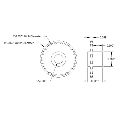 ServoCity 18 Tooth Press Fit Sprocket (0.1227" Pitch, 0.1875" Bore)