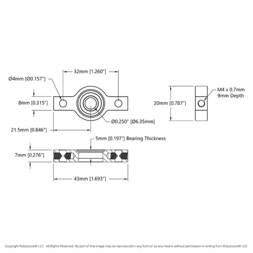 ServoCity 1/4" Bore 2-Side, 1-Post Pillow Block (43mm Width)
