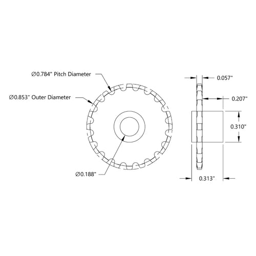 ServoCity 20 Tooth Press Fit Sprocket (0.1227" Pitch, 0.1875" Bore)