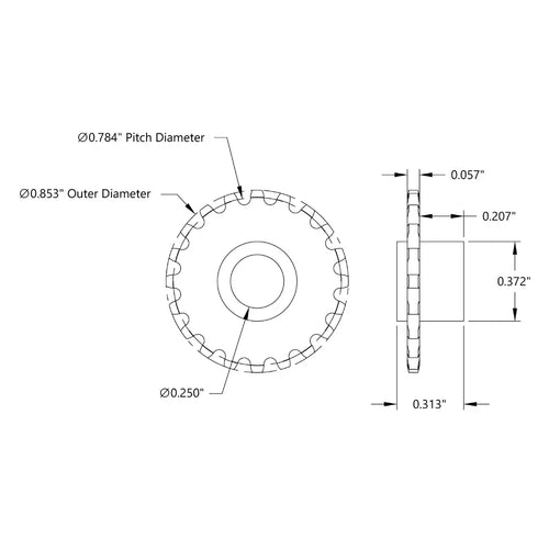 ServoCity 20 Tooth Press Fit Sprocket (0.1227" Pitch, 0.250" Bore)