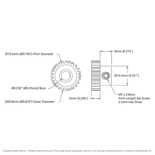 ServoCity 2303 Series Steel, MOD 0.8 Pinion Gear (1/4" Round Bore, 24 Tooth)