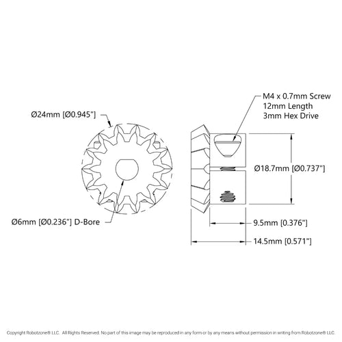 ServoCity 2306 Series Steel, MOD 1.5, Clamping Pinion Bevel Gear (6mm D-Bore, 14 Tooth)