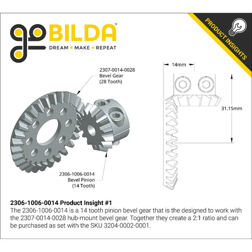 ServoCity 2306 Series Steel, MOD 1.5, Clamping Pinion Bevel Gear (6mm D-Bore, 14 Tooth)