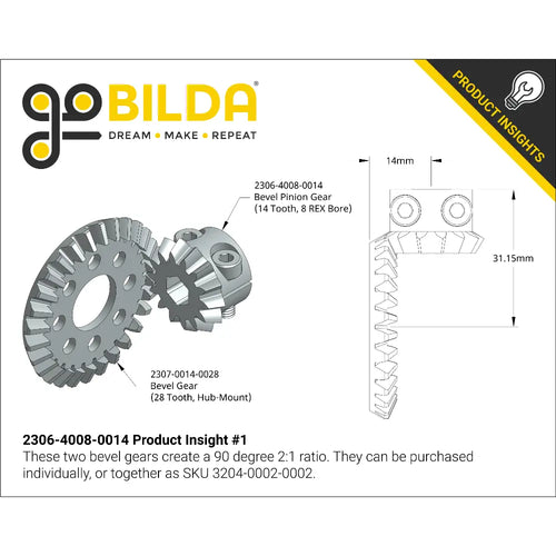 ServoCity 2306 Series Steel, MOD 1.5, Clamping Pinion Bevel Gear (8mm REX™ Bore, 14 Tooth)