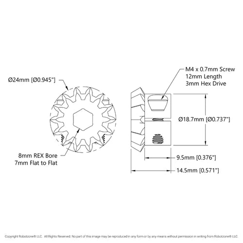 ServoCity 2306 Series Steel, MOD 1.5, Clamping Pinion Bevel Gear (8mm REX™ Bore, 14 Tooth)