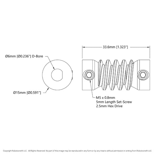 ServoCity 2313 Series Stainless Steel, MOD 1.25 Worm (6mm D-Bore, 34mm Length)