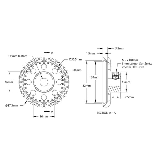 ServoCity 2315 Series, Miter Gear (MOD 1.25, Set-Screw, 6mm D-Bore, 30 Tooth)