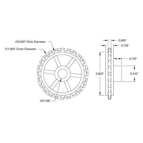 ServoCity 24 Tooth Press Fit Sprocket (0.1227" Pitch, 0.1875" Bore)