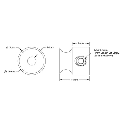 ServoCity 3401 Series Set-Screw Round Belt Pulley (4mm Bore, 8mm PD)
